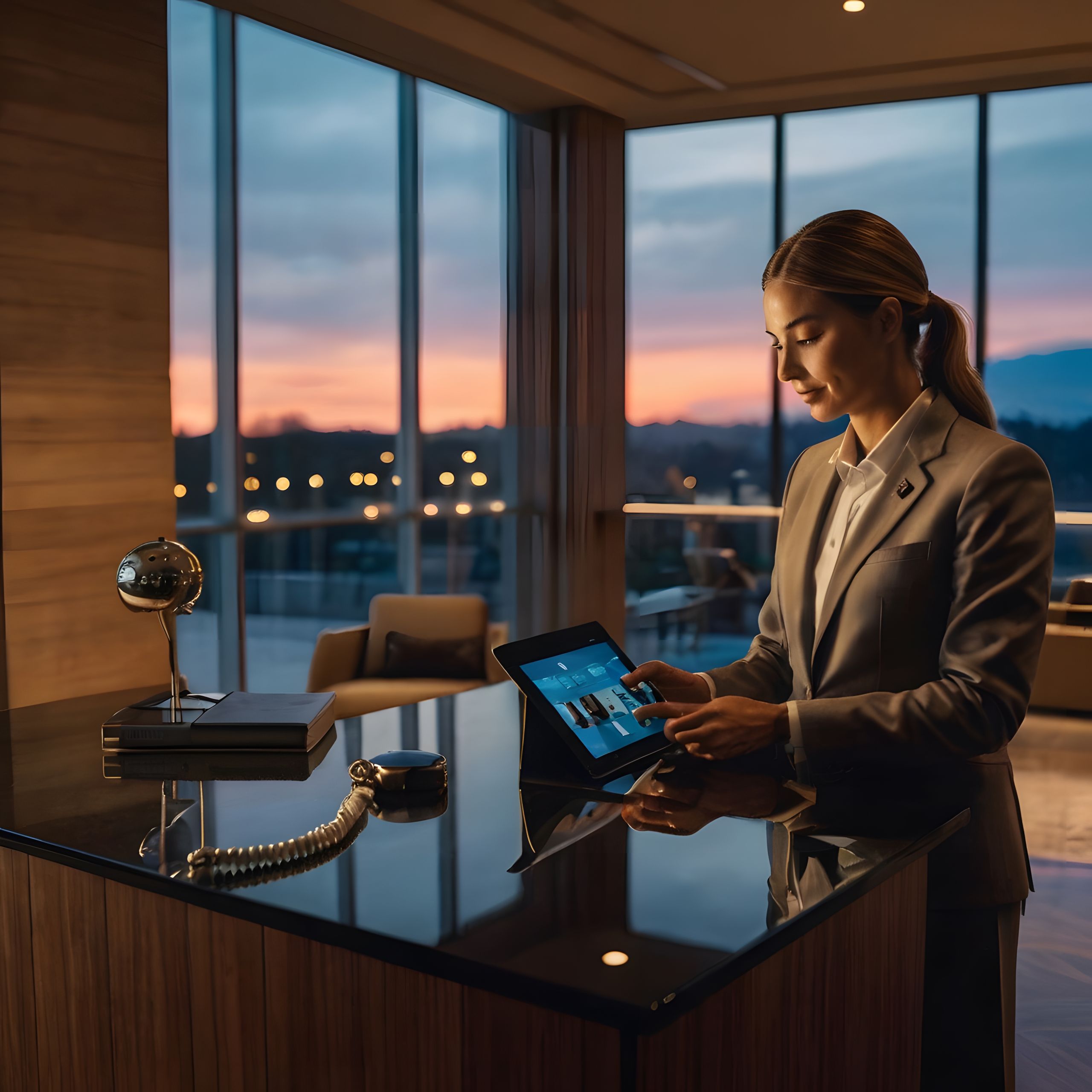 woman-suit-is-using-tablet-with-sunset-background